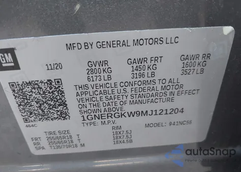 2021 Chevrolet Traverse Fwd Lt Cloth from USA, damaged, VIN 1GNERGKW9MJ121204